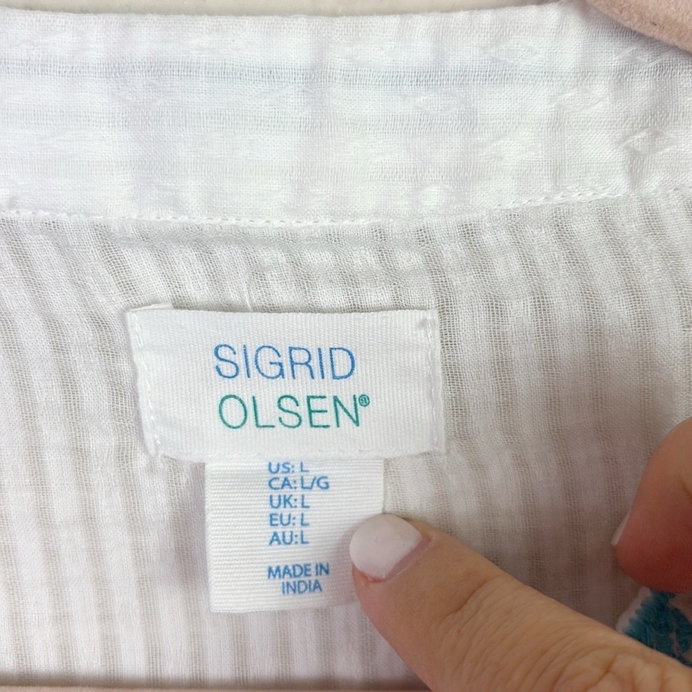 Sigrid Olsen White Blue Embroidered Trims V-neck Top Tunic Coverup size Large - Picture 8 of 8
